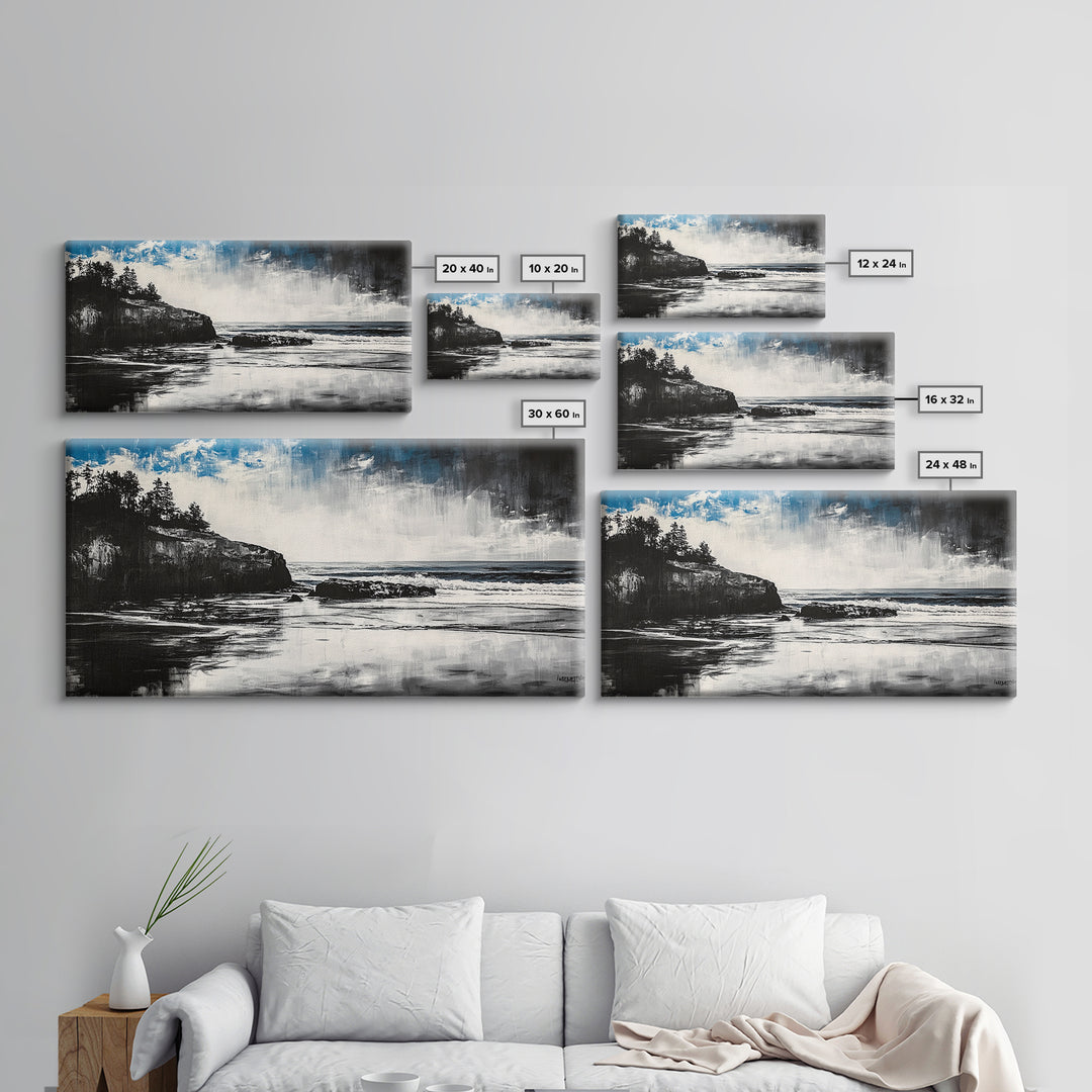 Dramatic Cliffside Painting, Ocean Wave Canvas Print, Monochrome Seascape Art, Moody Wall Decor, Coastal Artwork, Framed Canvas Print