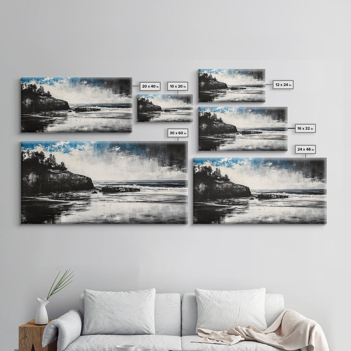 Dramatic Cliffside Painting, Ocean Wave Canvas Print, Monochrome Seascape Art, Moody Wall Decor, Coastal Artwork, Framed Canvas Print