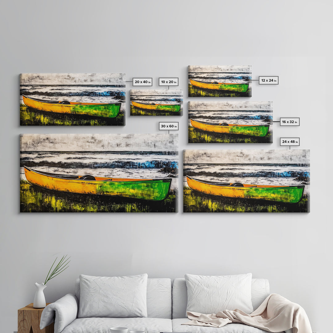 Canoe on the Shore, Rustic Nature Canvas Print, Lake House Wall Art, Autumn Painting, Outdoors Inspired Decor, Framed Canvas Print