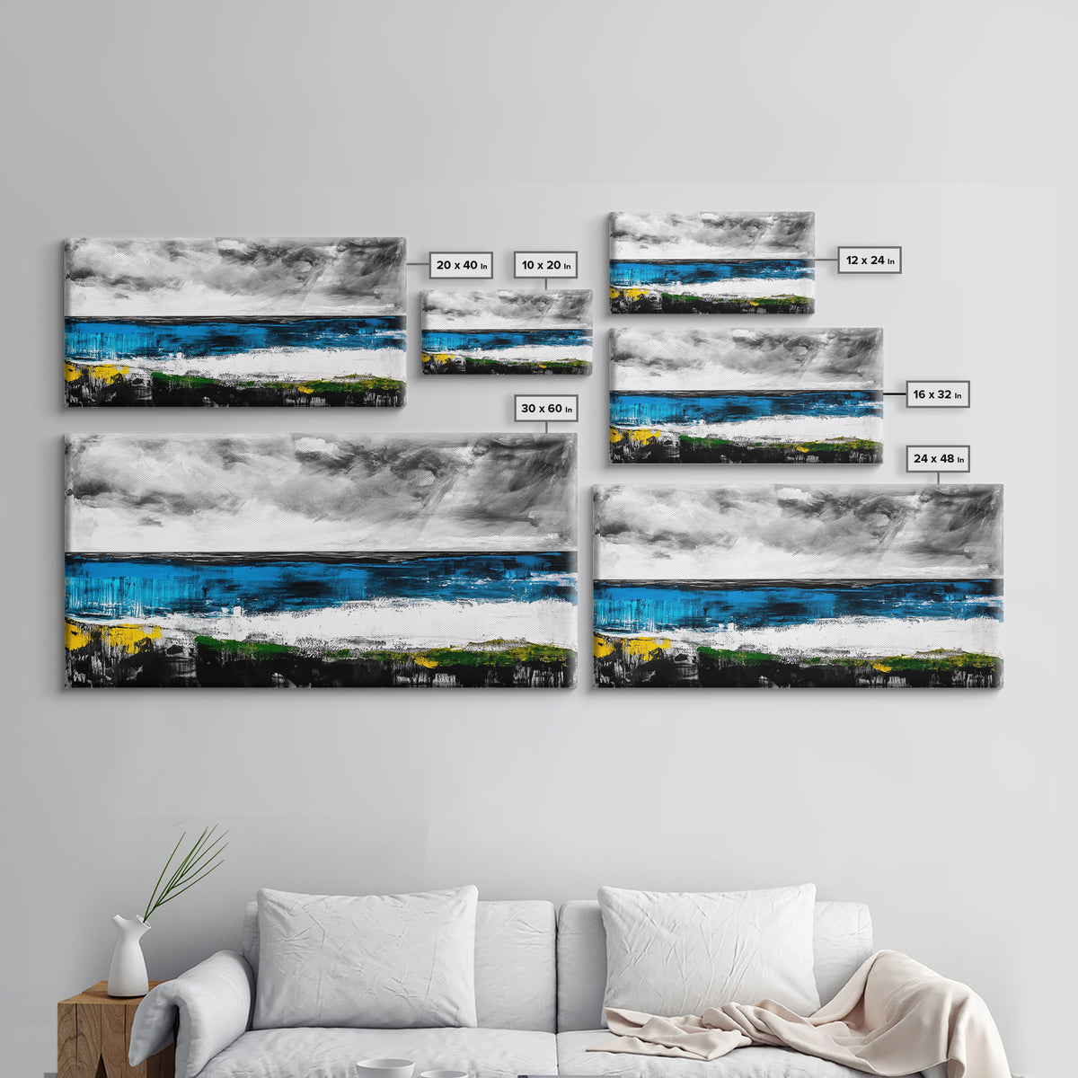 Abstract Coastal Art, Blue and Yellow Canvas Print, Modern Seascape Wall Decor, Ocean Painting, Living Room Artwork, Framed Canvas Print
