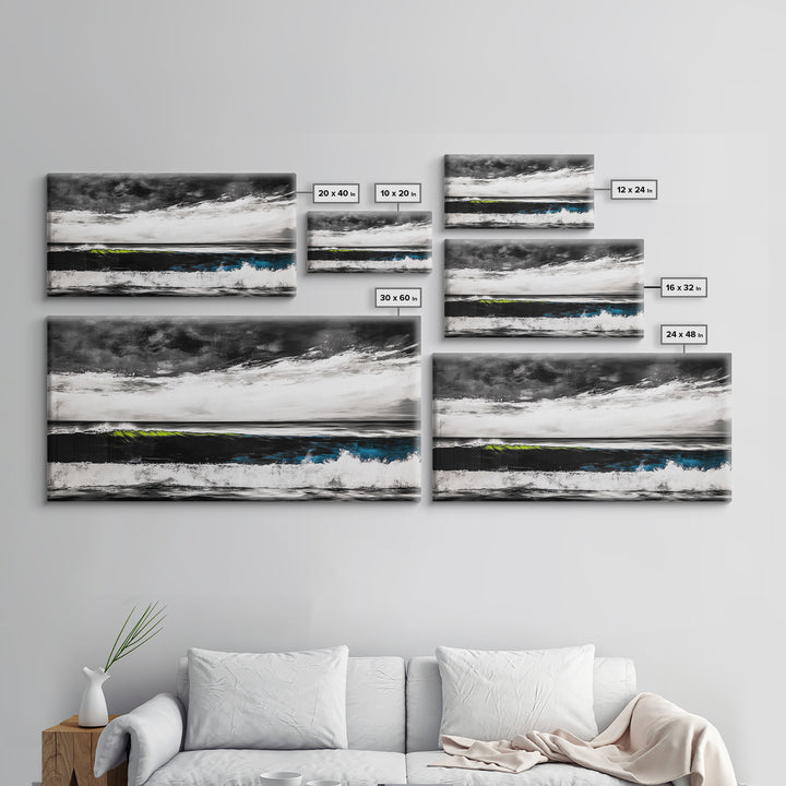 Ocean Wave Painting, Black and White Print, Modern Coastal Wall Decor, Seascape Art, Nautical Home Aesthetic, Framed Canvas Print