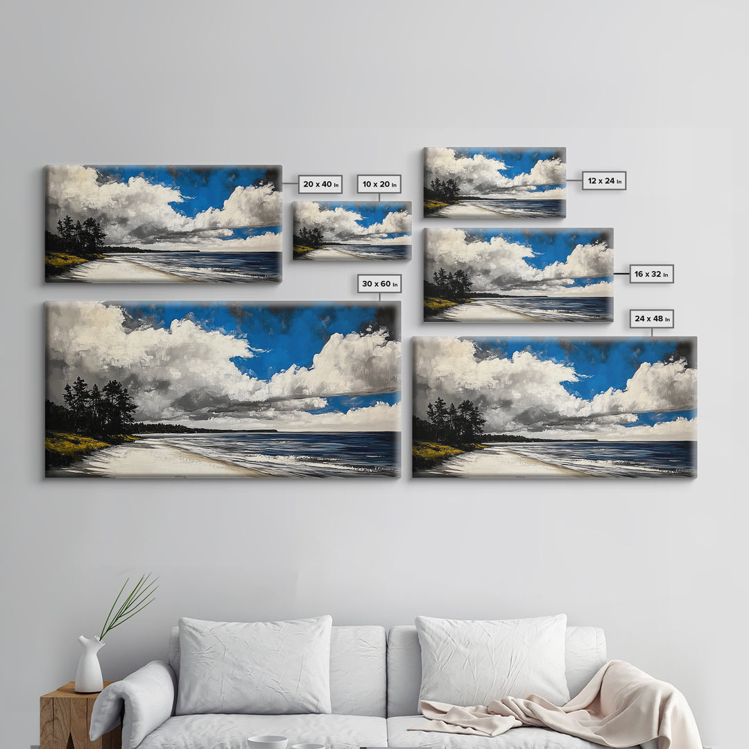 Dramatic Beach Scene, Blue Sky Canvas Print, Coastal Landscape Painting, Nature Wall Decor, Living Room Artwork, Framed Canvas Print
