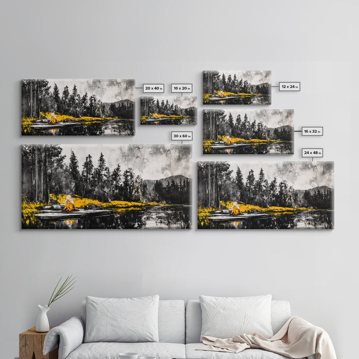 Campfire Forest Painting, Black and White Canvas Print, Nature Wall Decor, Cozy Cabin Artwork, Autumn Inspired Art, Framed Canvas Print