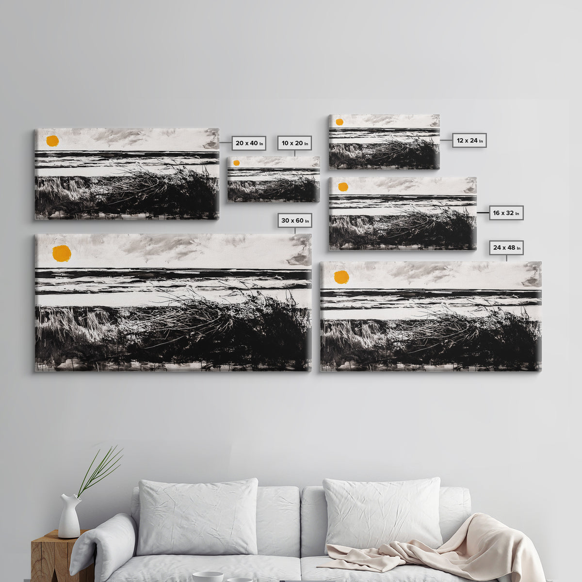 Coastal, Minimalist, Black and White, Framed Canvas Print, Ocean Sunset Wall Art, Beach House Decor, Nautical Artwork, Serene Seascape