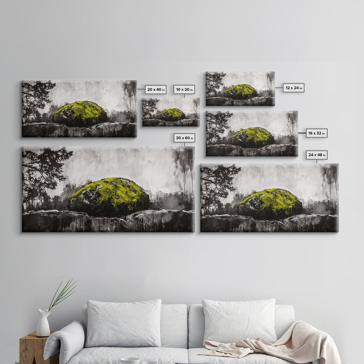 Mossy Rock, Abstract Nature, Green and Black Art, Canvas Print, Rustic Wall Decor, Boho Artwork, Modern Farmhouse Decor