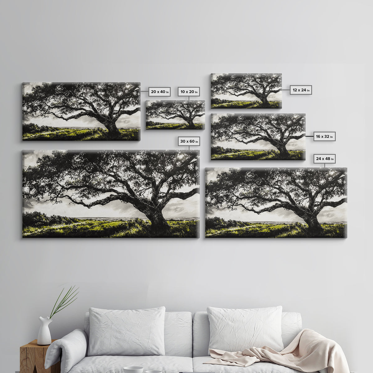 Oak Tree, Scenic Meadow, Black and White Landscape, Framed Canvas Print, Nature Wall Art, Large Canvas Artwork, Living Room Decor