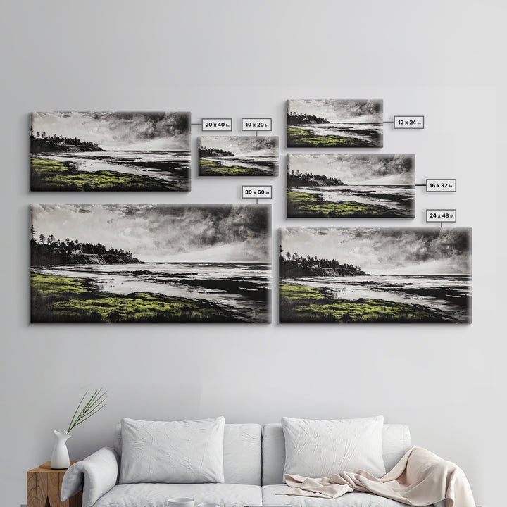 Coastal Landscape, Ocean View, Black and White Beach Art, Canvas Print, Seaside Home Decor, Nautical Wall Art, Office Artwork