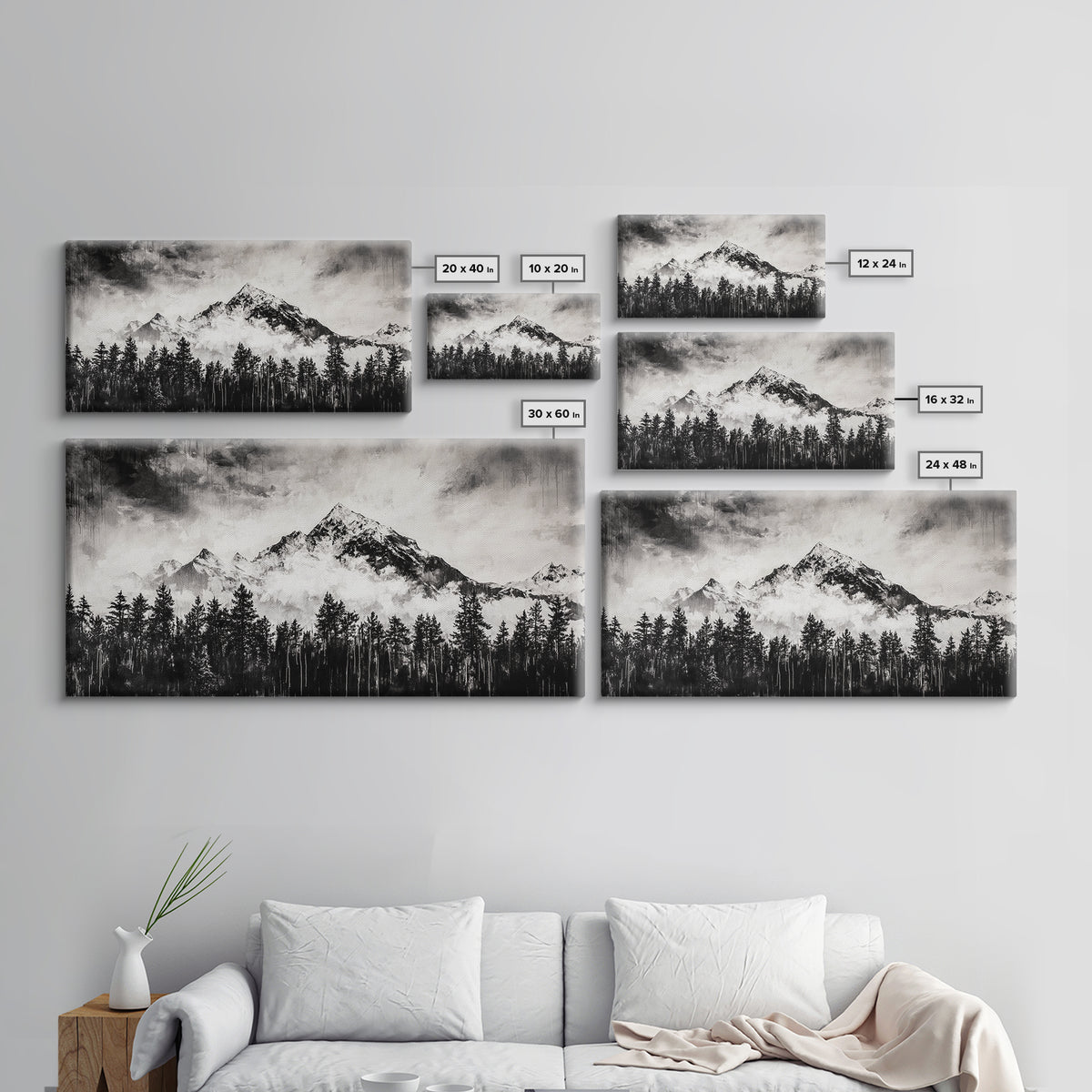 Mountain Landscape, Black and White, Framed Canvas Print, Nature Wall Art, Rustic Home Decor, Modern Farmhouse, Large Wall Art