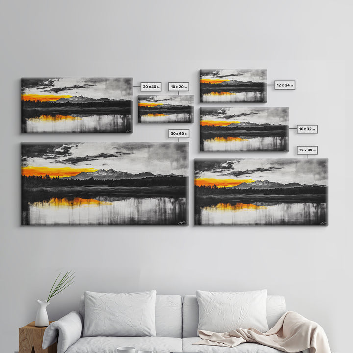 Sunset Reflection, Black and White, Framed Canvas Print, Nature Wall Art, Modern Landscape, Bold Decor, Living Room Art, Autumn Colors