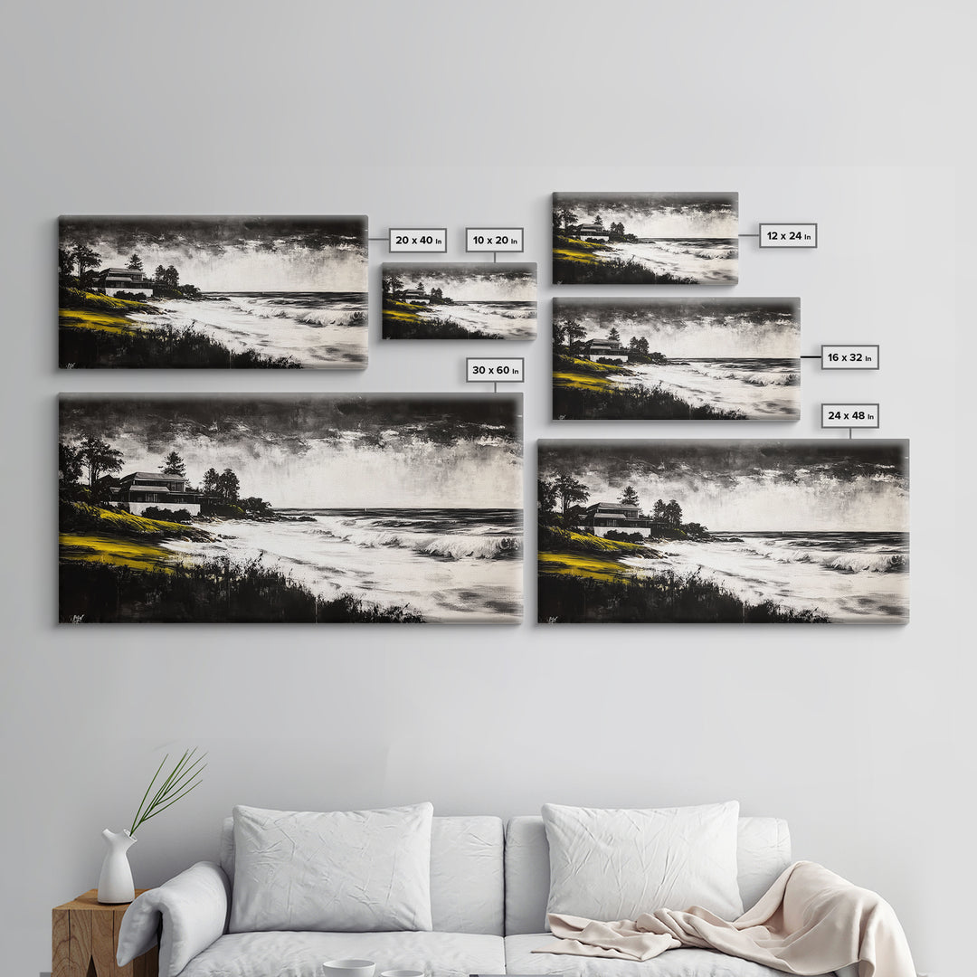 Coastal Landscape, Black and White, Framed Canvas Print, Beach House Wall Art, Nautical Decor, Ocean View Art, Minimalist Seascape