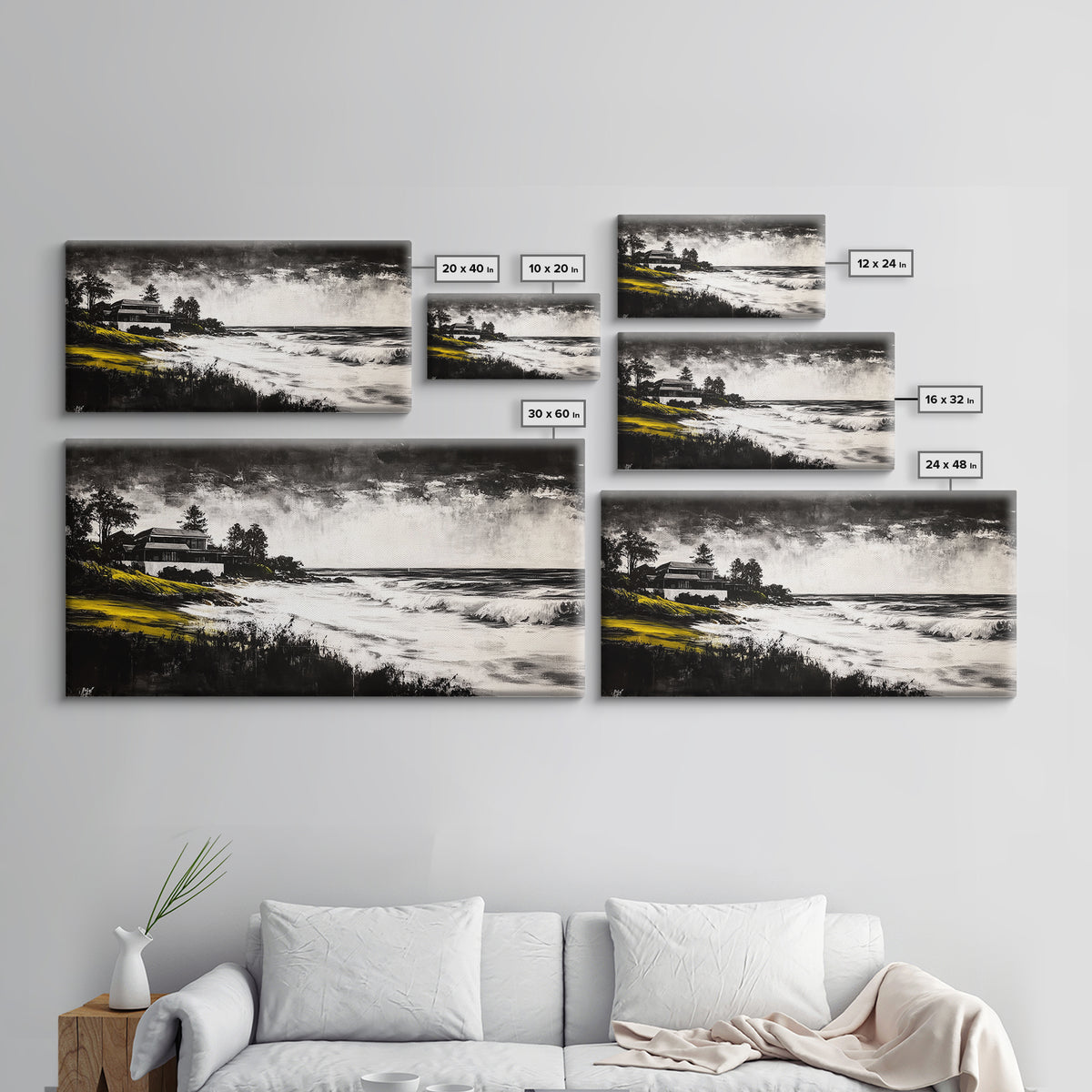 Coastal Landscape, Black and White, Framed Canvas Print, Beach House Wall Art, Nautical Decor, Ocean View Art, Minimalist Seascape