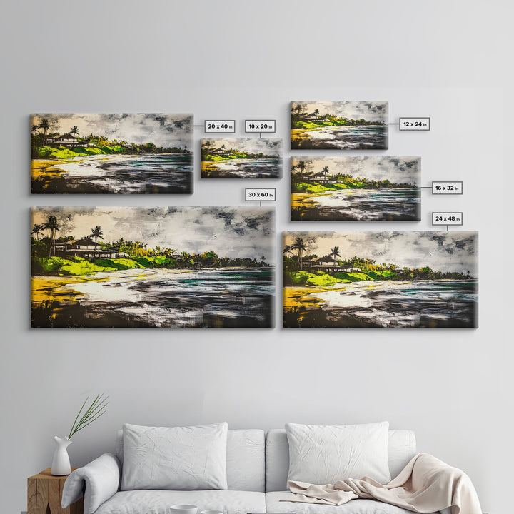 Beach House, Ocean View, Tropical Landscape, Framed Canvas Print, Coastal Art, Beach Wall Decor, Living Room Art, Boho Wall Art