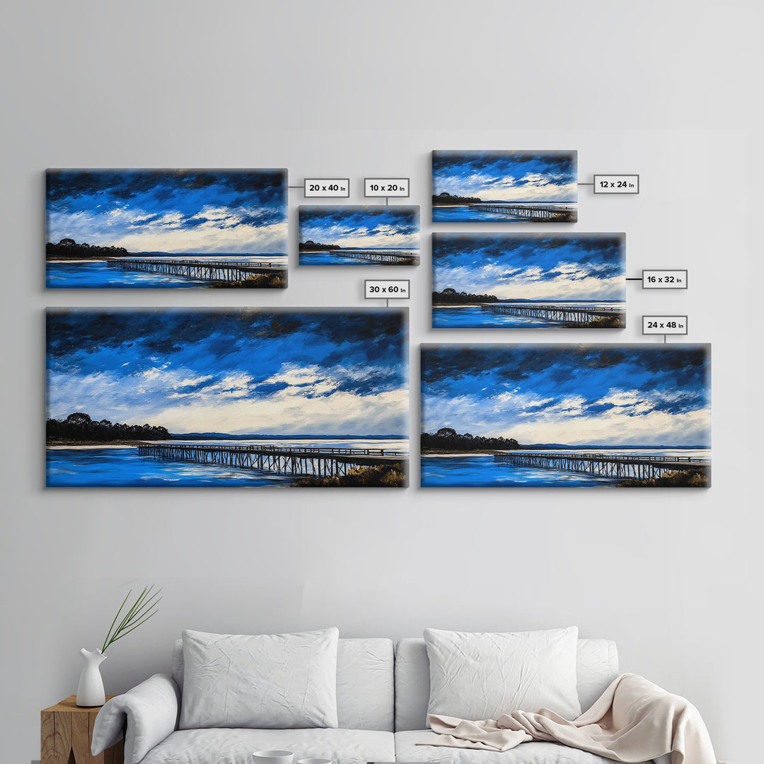 Blue Pier, Lake Scene, Stormy Sky, Framed Canvas Print, Nautical Art, Minimalist Landscape, Bedroom Wall Decor, Large Wall Art