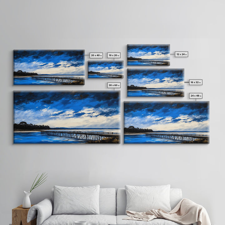 Blue Pier, Lake Scene, Stormy Sky, Framed Canvas Print, Nautical Art, Minimalist Landscape, Bedroom Wall Decor, Large Wall Art