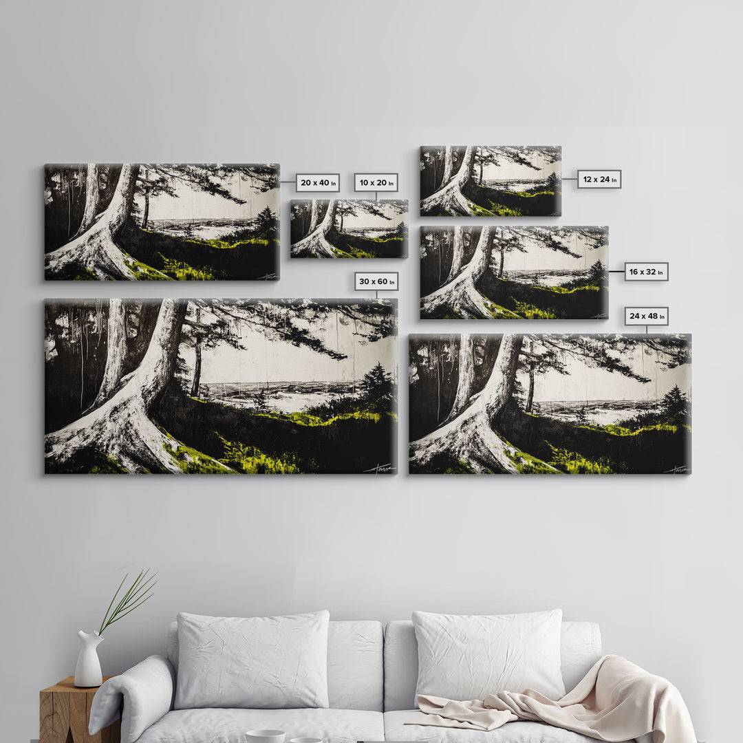 Forest Tree, Ocean View, Coastal Landscape, Canvas Print, Nature Wall Art, Black and White Art, Cabin Wall Decor, Rustic Wall Art