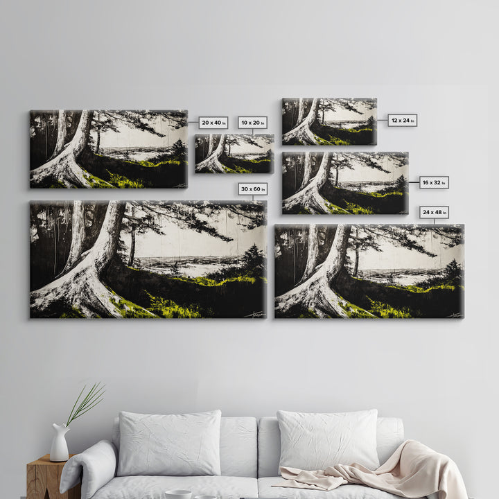 Forest Tree, Ocean View, Coastal Landscape, Canvas Print, Nature Wall Art, Black and White Art, Cabin Wall Decor, Rustic Wall Art