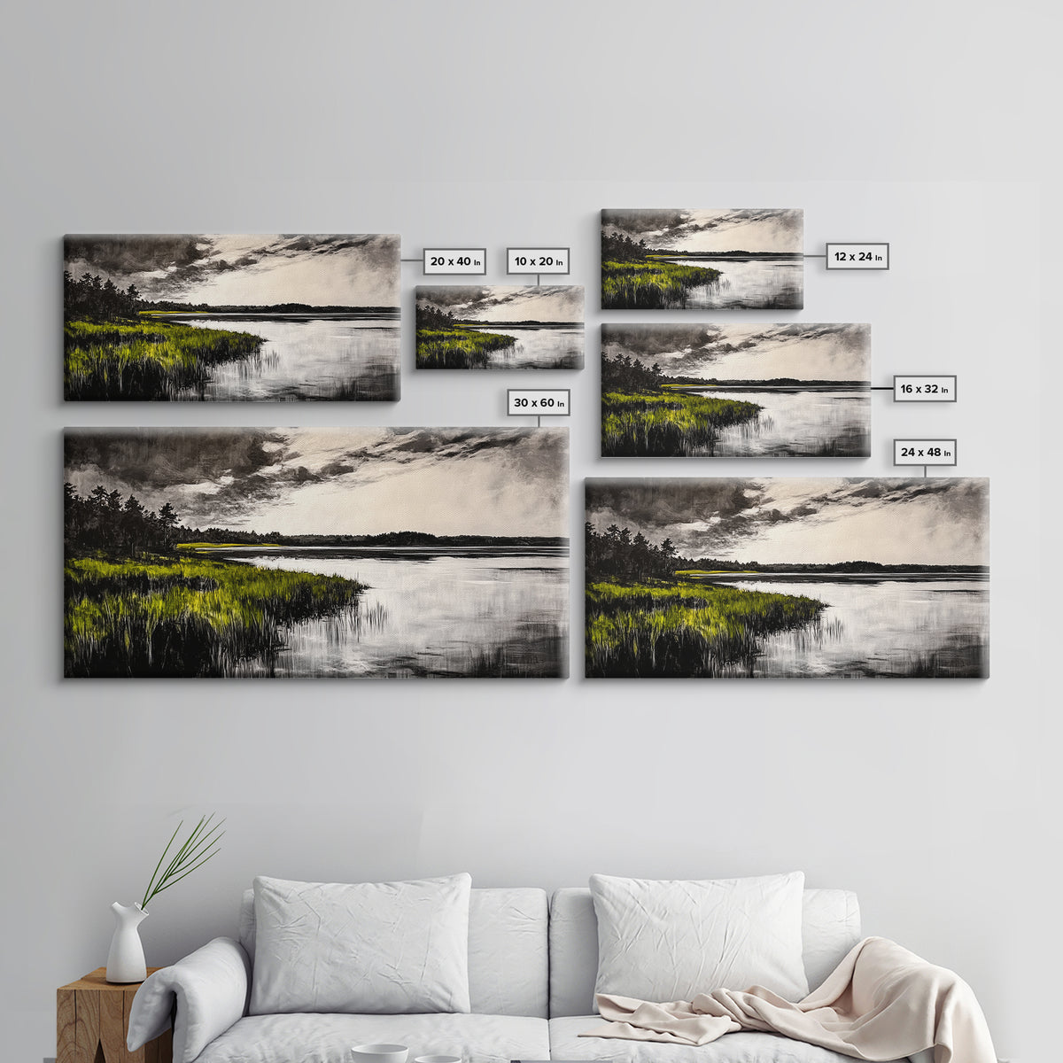 Marshland, Moody Sky, Lakeside View, Canvas Print, Nature Photography, Living Room Wall Art, Rustic Landscape, Neutral Tones Decor