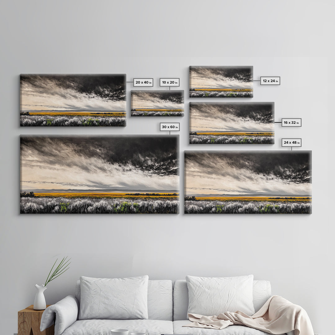 Open Field, Dramatic Sky, Autumn Horizon, Framed Canvas Print, Fall Landscape, Neutral Home Decor, Entryway Art, Rustic Wall Art
