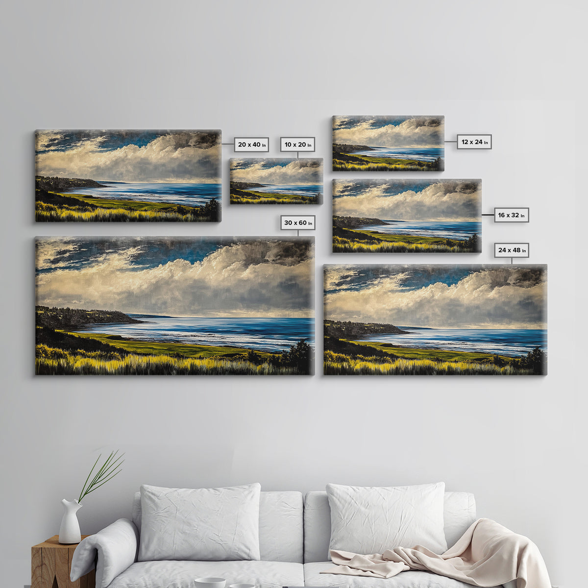 Coastal Bluffs, Ocean Horizon, Cloudy Sky, Framed Canvas Print, Nautical Wall Art, Large Landscape, Living Room Wall Art, Moody Art