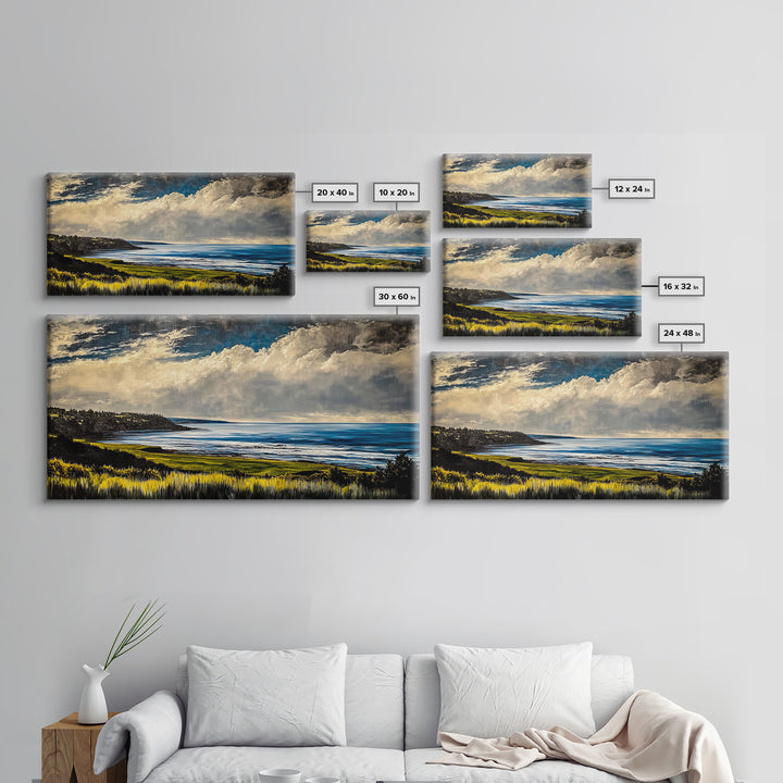 Coastal Bluffs, Ocean Horizon, Cloudy Sky, Framed Canvas Print, Nautical Wall Art, Large Landscape, Living Room Wall Art, Moody Art