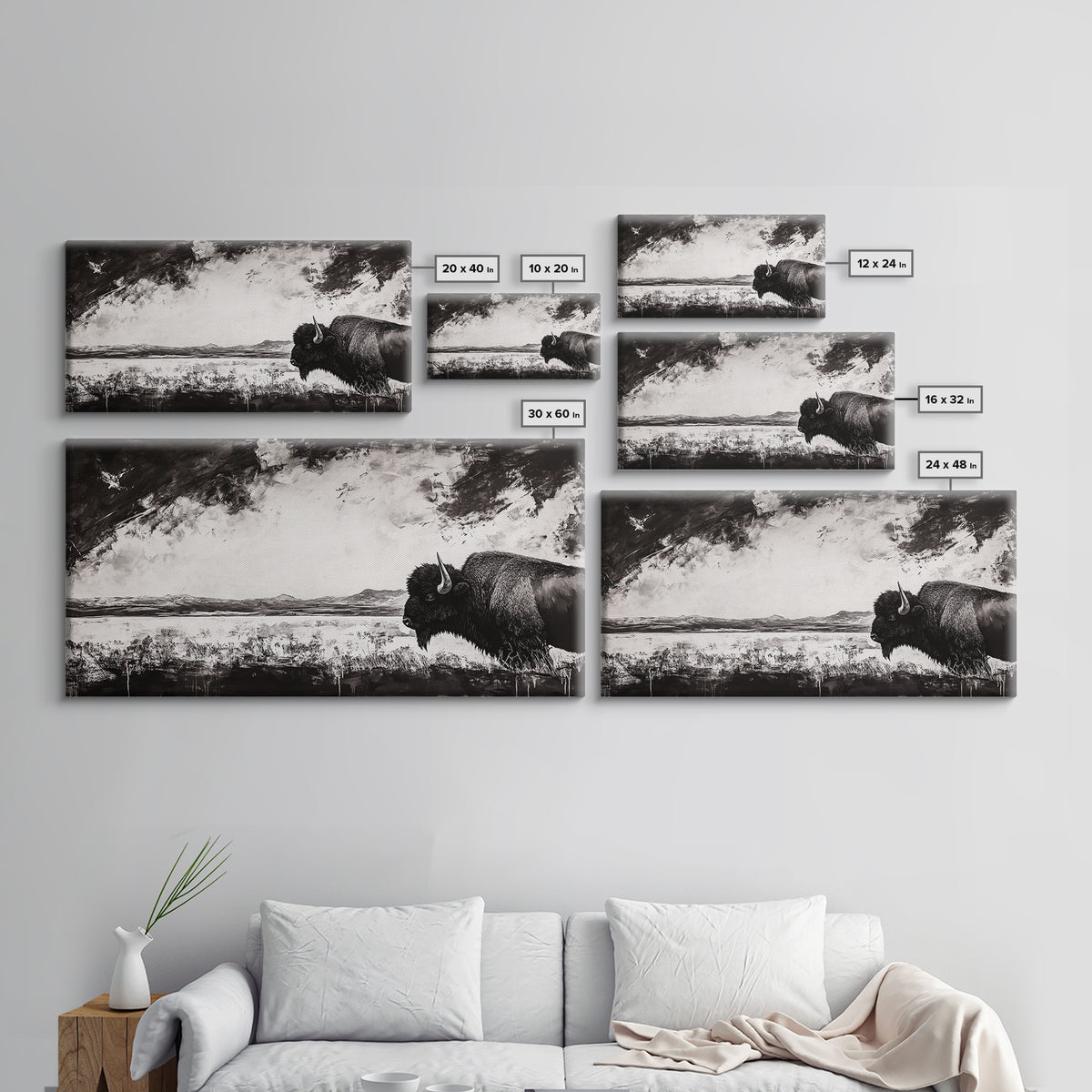 Bison Landscape, Western Art, Black and White Buffalo, Rustic Home Decor, Southwestern Wall Art, Nature Artwork, Framed Canvas Print