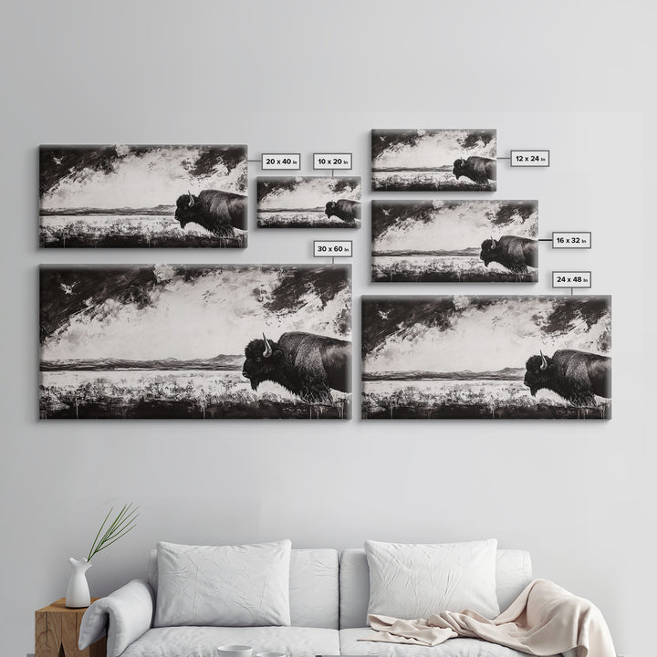 Bison Landscape, Western Art, Black and White Buffalo, Rustic Home Decor, Southwestern Wall Art, Nature Artwork, Framed Canvas Print