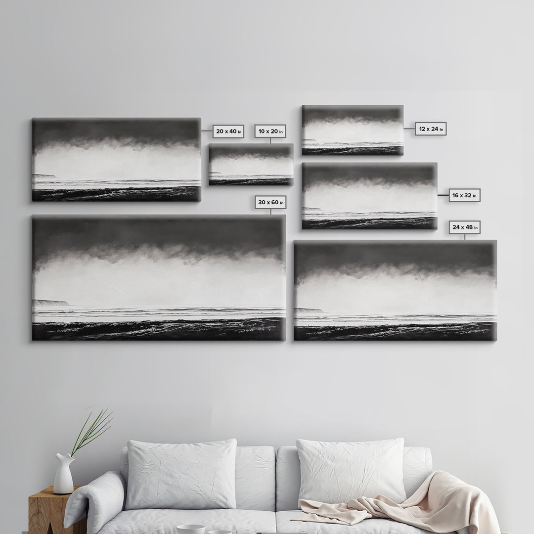 Foggy Ocean, Misty Beach, Black and White Minimalist, Canvas Print, Modern Wall Art, Bedroom Decor, Neutral Tones, Serene Seascape
