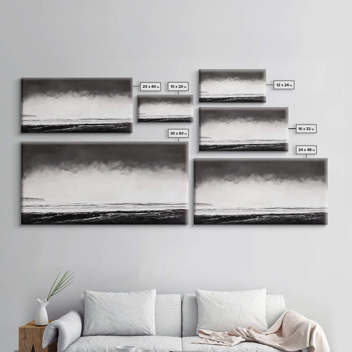 Foggy Ocean, Misty Beach, Black and White Minimalist, Canvas Print, Modern Wall Art, Bedroom Decor, Neutral Tones, Serene Seascape