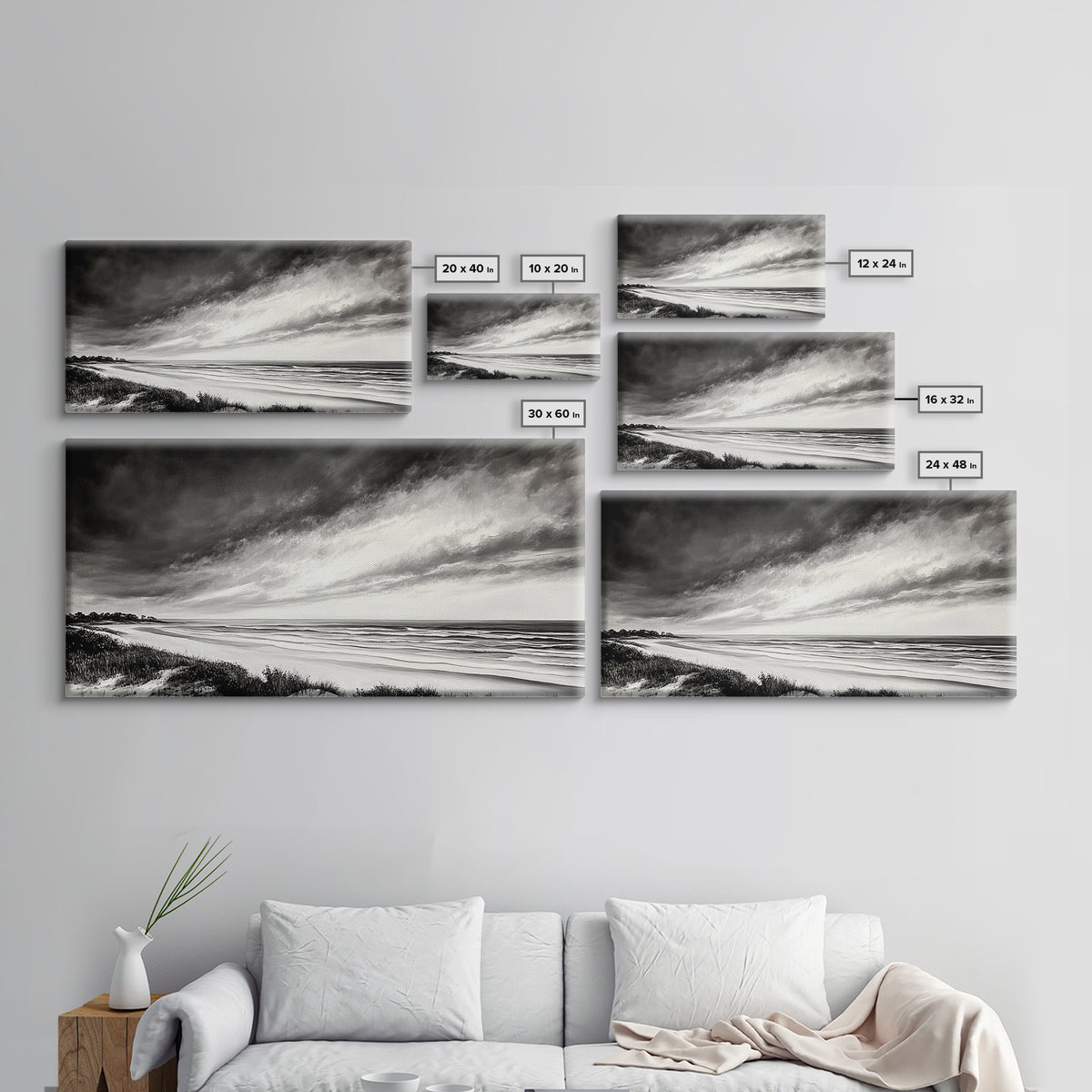 Coastal Storm, Dramatic Beach Scene, Black and White Seascape, Modern Coastal Art, Neutral Wall Decor, Canvas Print, Living Room Art