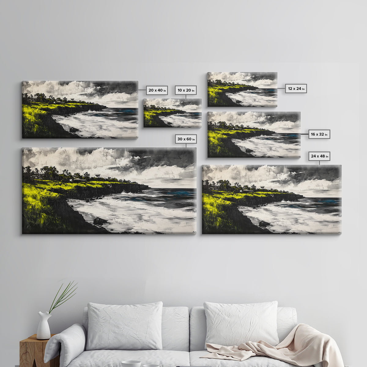 Cliffside Ocean View Landscape, Black and White Seascape, Nautical Wall Decor, Living Room Art, Beach House Scene, Framed Canvas Print