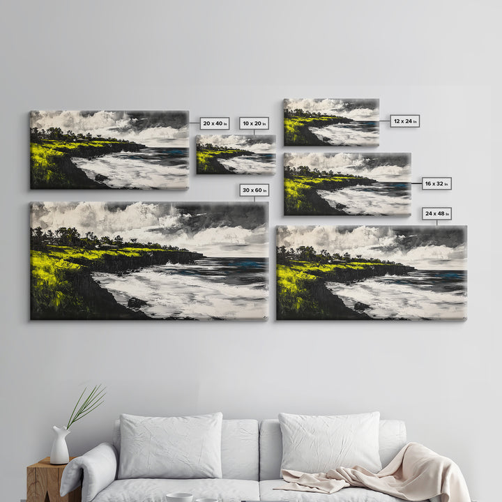 Cliffside Ocean View Landscape, Black and White Seascape, Nautical Wall Decor, Living Room Art, Beach House Scene, Framed Canvas Print