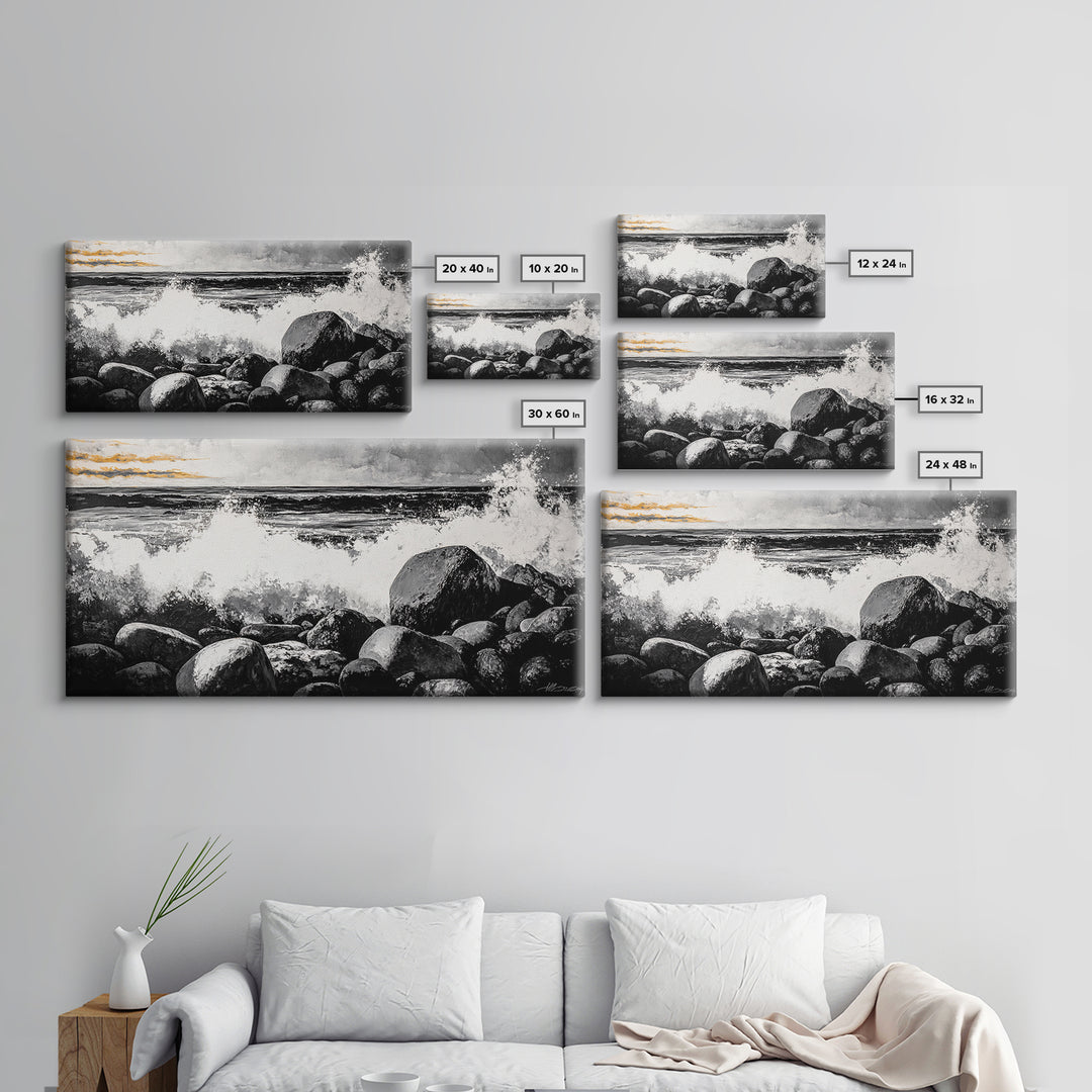 Rocky Shore, Powerful Ocean Waves, Dramatic Black and White Seascape, Coastal Home Decor, Framed Canvas Print, Living Room Accent