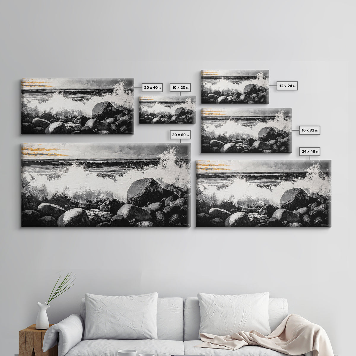 Rocky Shore, Powerful Ocean Waves, Dramatic Black and White Seascape, Coastal Home Decor, Framed Canvas Print, Living Room Accent