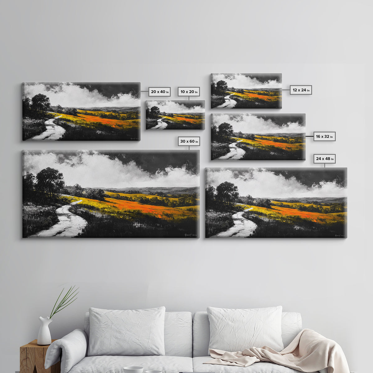Rolling Hills, Country Path, Black and White Landscape, Canvas Print, Autumn Fields, Minimalist Wall Art, Living Room Decor, Bold Contrast