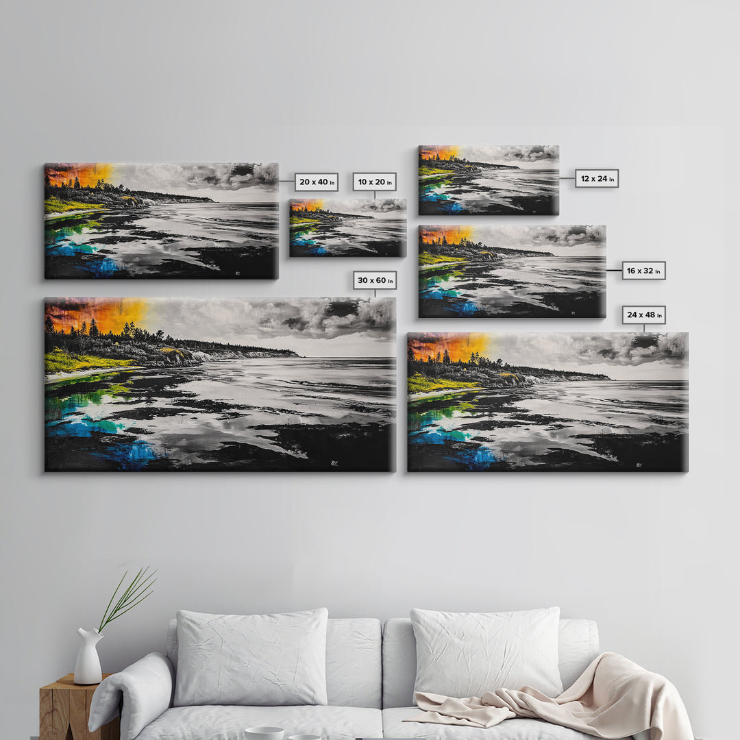 Coastal Landscape, Black White, Ocean View Art, Beach Canvas Print, Living Room Wall Art, Seascape Painting, Nautical Decor, Large Art