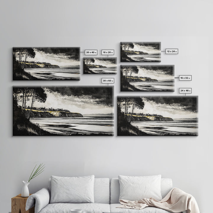 Black White, Coastal Cliffs, Seascape, Large Canvas Print, Ocean Wall Art, Modern Landscape, Minimalist Painting, Nautical Home Decor