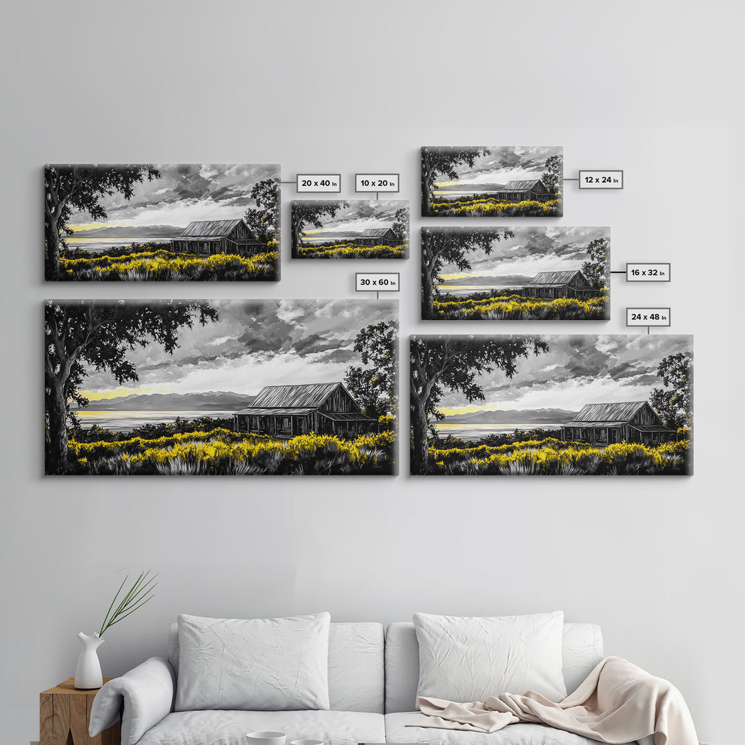 Rustic Cabin, Lake View, Black White Yellow, Large Canvas Print, Country Landscape, Farmhouse Wall Art, Living Room Decor, Framed Artwork