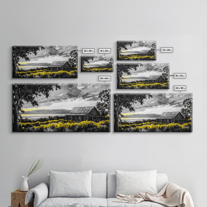 Rustic Cabin, Lake View, Black White Yellow, Large Canvas Print, Country Landscape, Farmhouse Wall Art, Living Room Decor, Framed Artwork