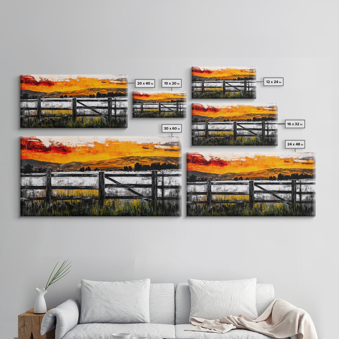 Sunset Fence, Mountain View, Rustic Canvas Print, Large Wall Art, Autumn, Farmhouse Painting, Framed Canvas Print, Moody Home Decor