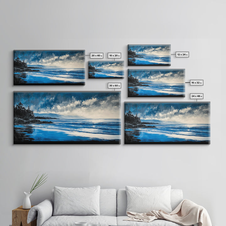 Blue Seascape, Coastal Landscape, Ocean Horizon Art, Serene Beach Painting, Nautical Wall Decor, Living Room Wall Art, Framed Canvas Print