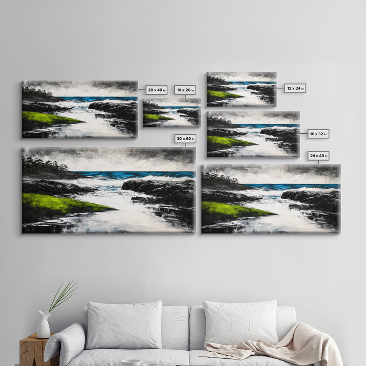 Rocky Shore, Ocean Wave Art, Coastal Seascape, Dramatic Beach Painting, Nautical Home Decor, Modern Coastal Print, Canvas Print
