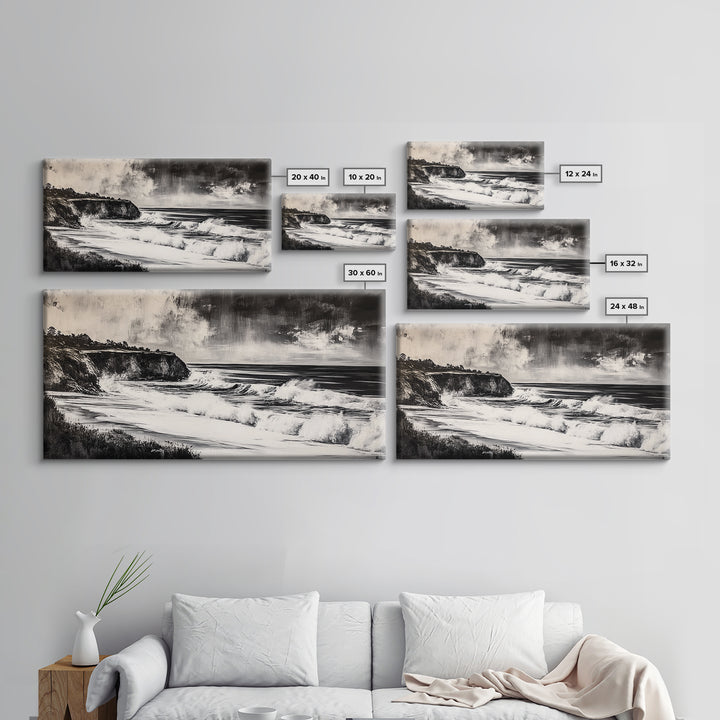 Ocean Waves, Coastal Landscape, Black and White, Framed Canvas Print, Nautical Wall Art, Minimalist Art, Living Room Wall Decor