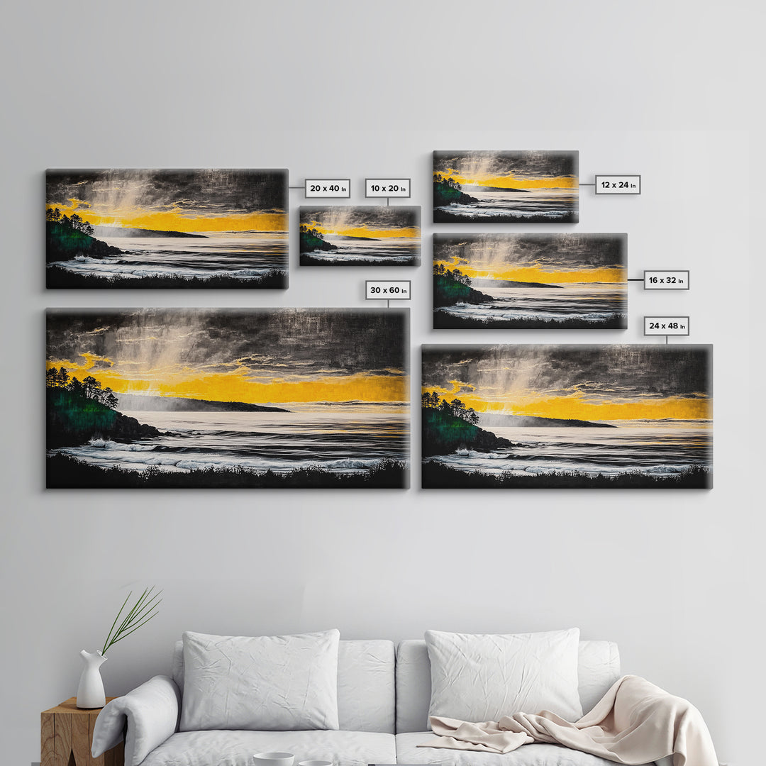 Golden Sunset, Coastal Painting, Dramatic Sky, Framed Canvas Print, Seascape Wall Art, Contemporary Art, Bedroom Wall Decoration