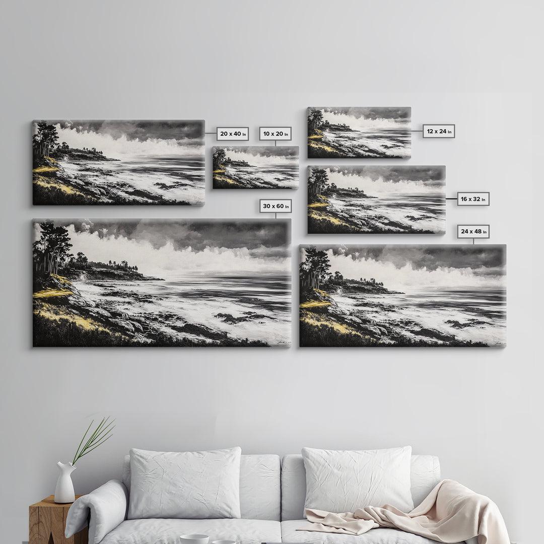 Rocky Shore, Monochrome Art, Serene Beach, Canvas Print, Coastal Landscape, Minimalist Art, Office Wall Decor, Nature Inspired Art