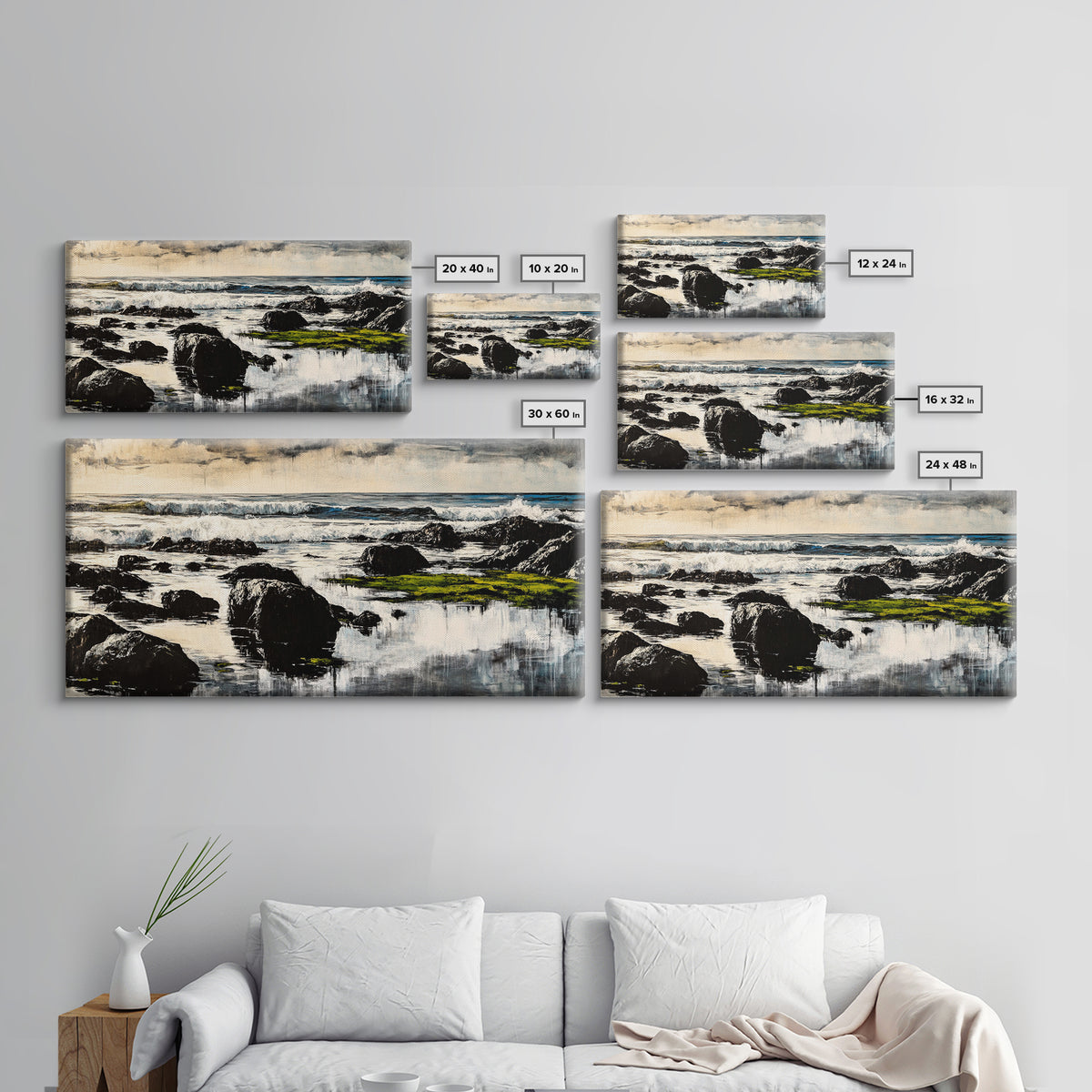 Rocky Coastline, Ocean Waves, Moody Seascape, Canvas Print, Nautical Wall Art, Monochrome Landscape, Bedroom Wall Art, Nature Aesthetic