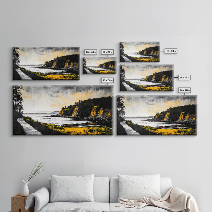 Rugged Shore, Coastal View, Autumn Landscape, Framed Canvas Print, Beach House Art, Living Room Wall Art, Minimalist Seascape Decor