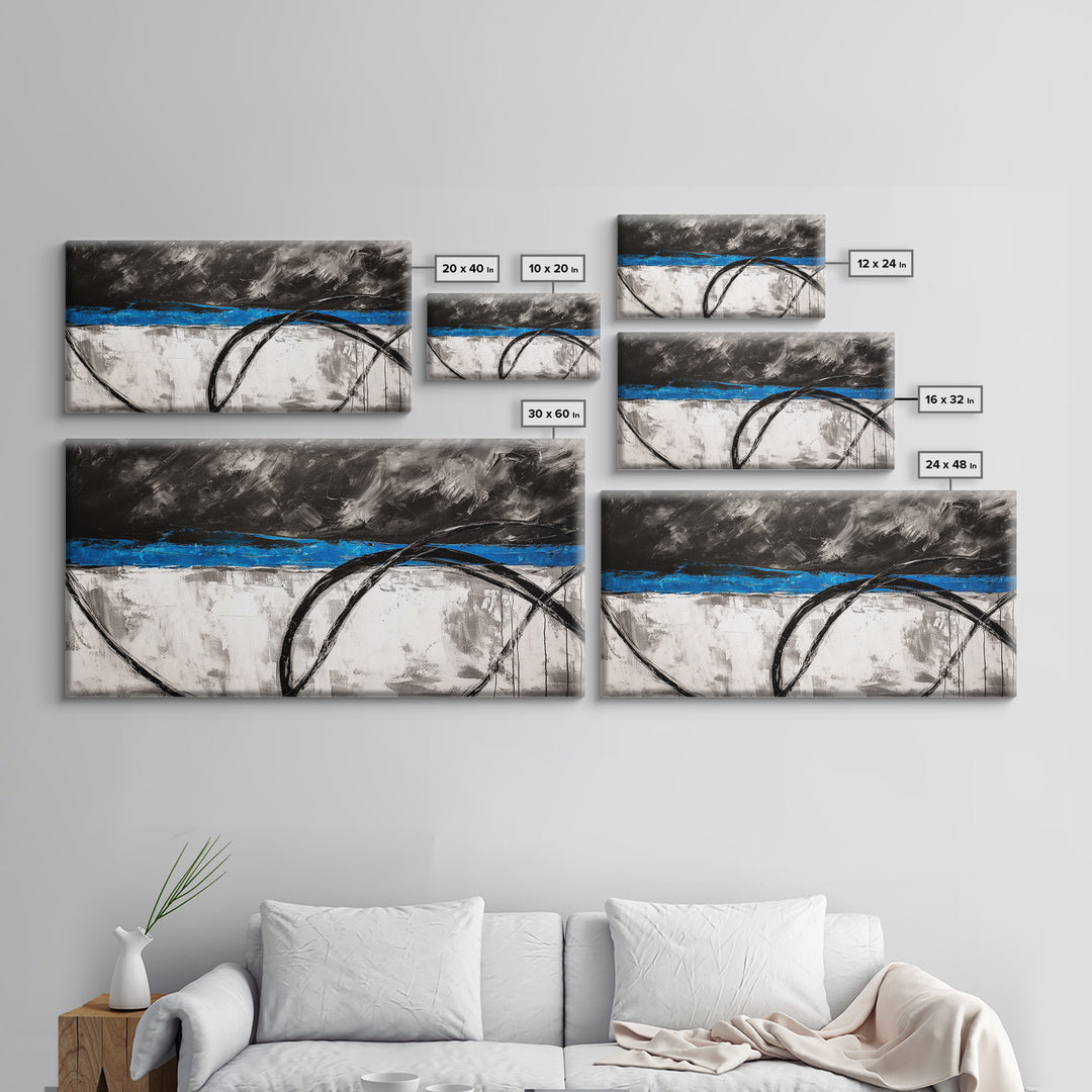 Blue Horizon, Abstract Lines, Framed Canvas Print, Minimalist Painting, Office Wall Art, Geometric Decor, Black and White Aesthetic