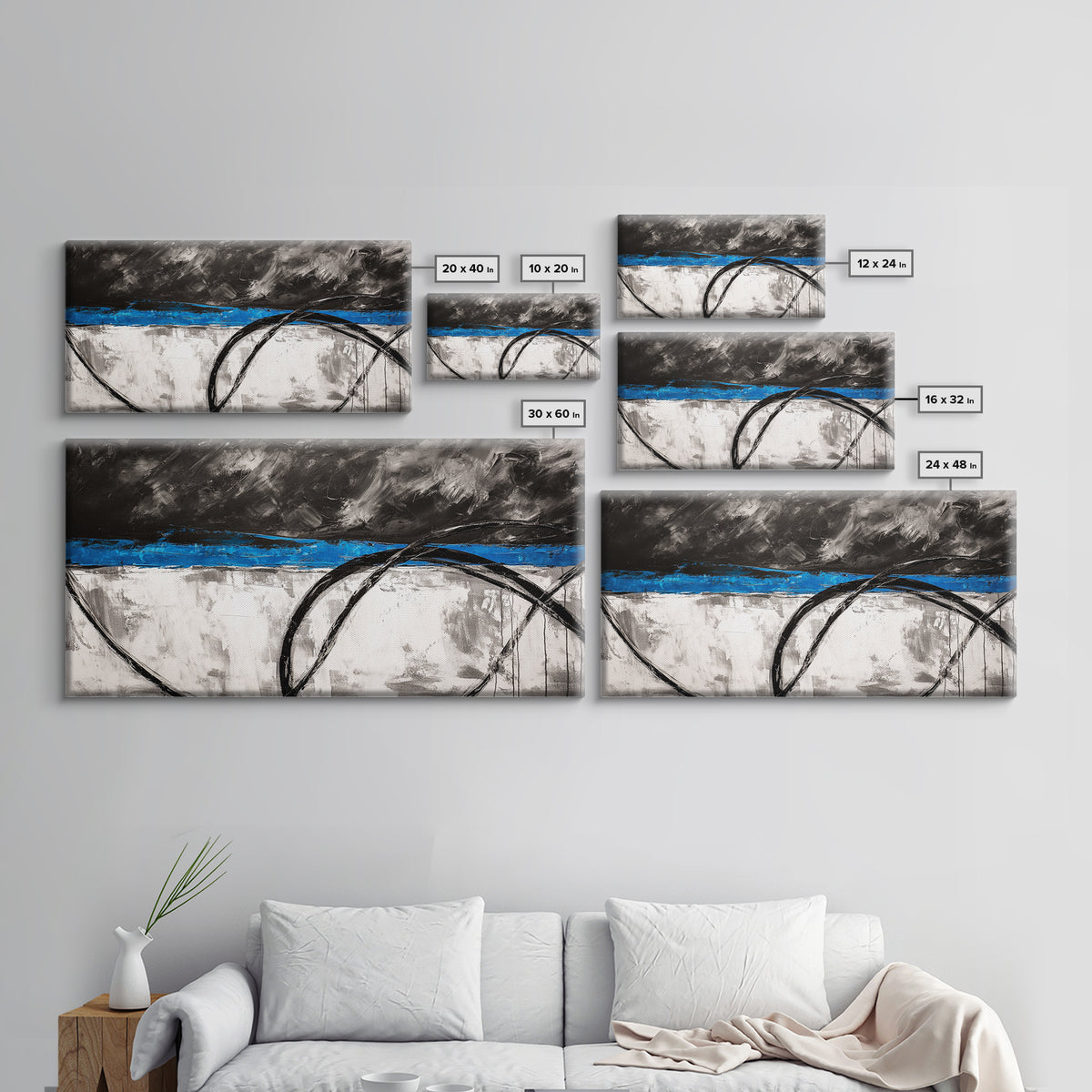 Blue Horizon, Abstract Lines, Framed Canvas Print, Minimalist Painting, Office Wall Art, Geometric Decor, Black and White Aesthetic