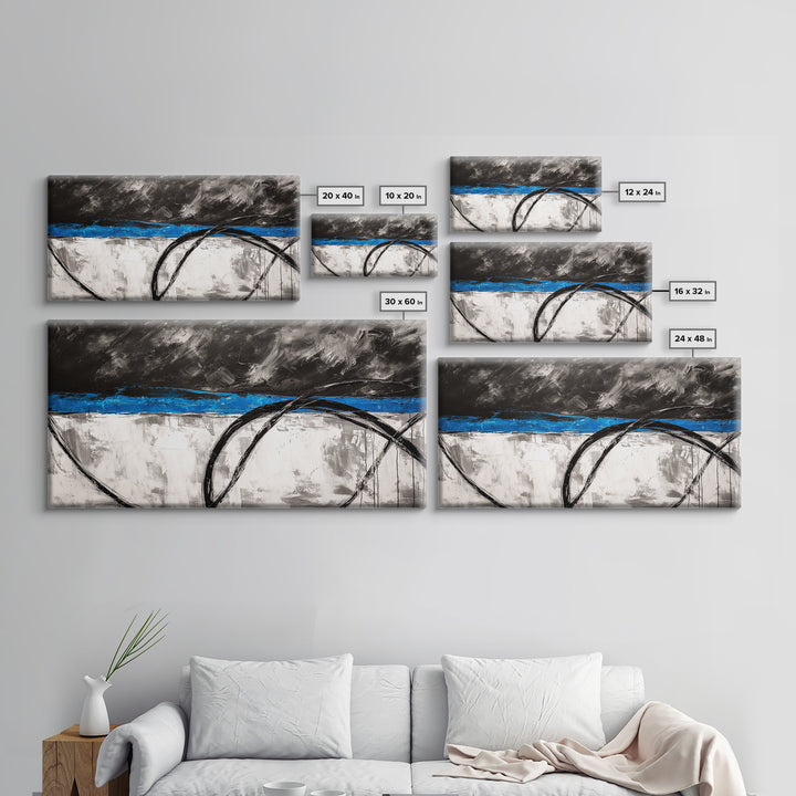Blue Horizon, Abstract Lines, Framed Canvas Print, Minimalist Painting, Office Wall Art, Geometric Decor, Black and White Aesthetic