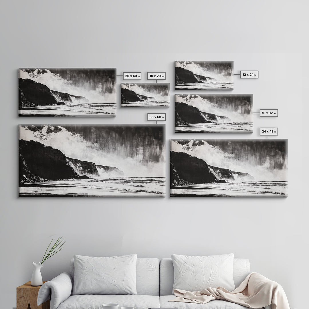 Cliffside Beach, Dramatic Seascape View, Framed Canvas Print, Black and White Art, Minimalist Decor, Bedroom Wall Art, Coastal Aesthetic